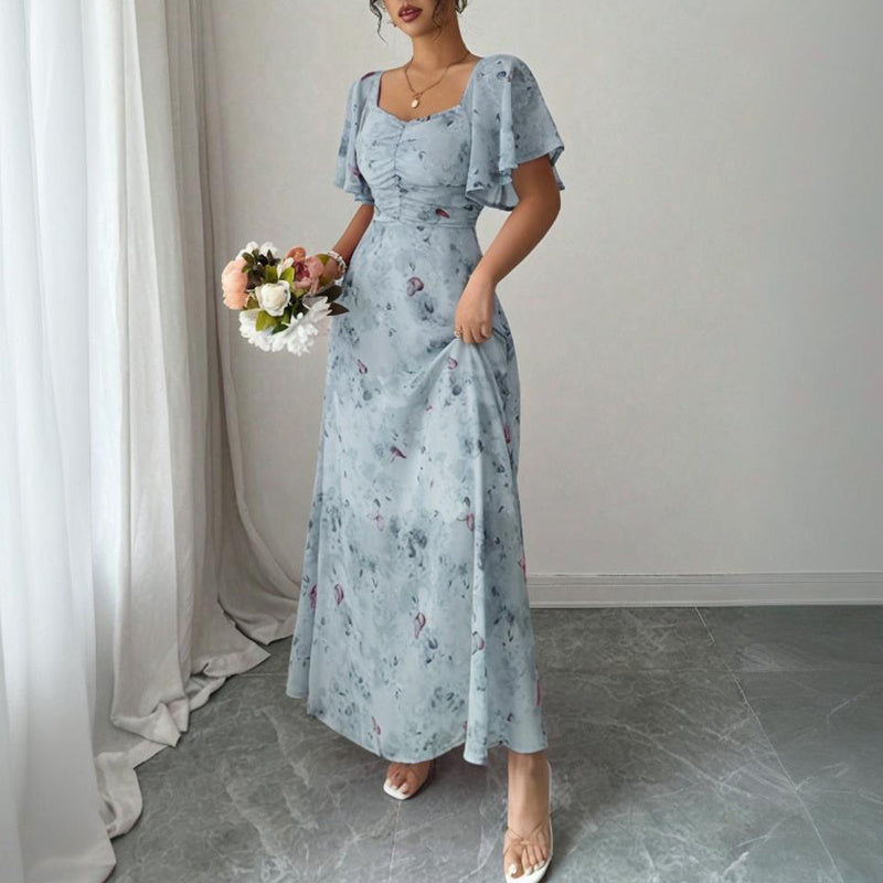 Women's Solid Color Square Neck Short Sleeve Butterfly Print Flowy Dress A-Line Summer Vacation Maxi Dress - Sureru