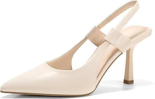 Women’s Pointed Toe Slingback Stiletto Pumps – Elegant Faux Leather High Heels - Sureru