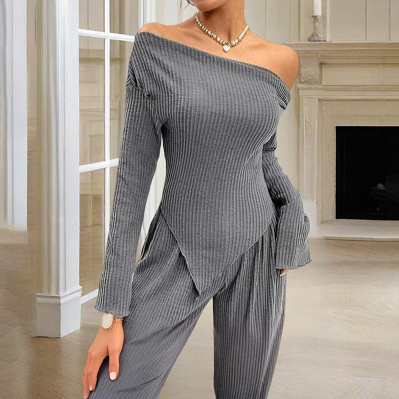 Women’s Off-Shoulder Lace Detail Matching Set – Asymmetrical Hem & Stretch Fabric - Sureru