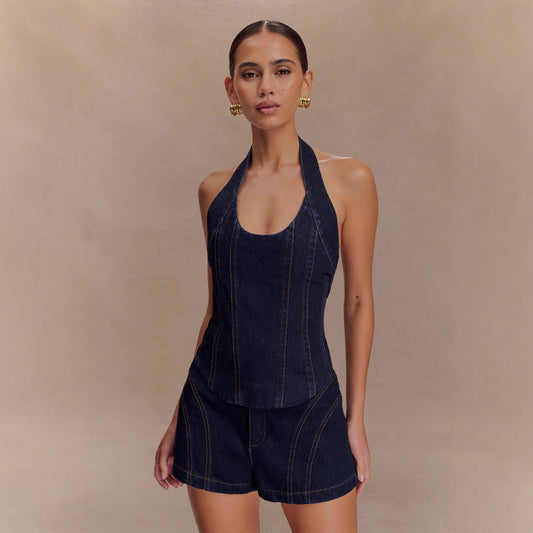 Halter Fashion Denim Suit Shorts – Trendy Streetwear Set - Sureru