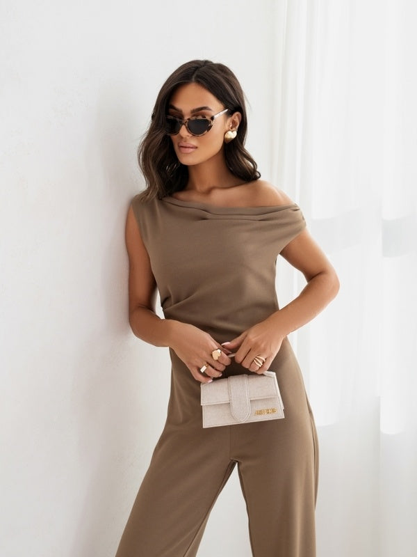 Elegant High-Waist Sleeveless Jumpsuit with Falling Straps & Side Zipper - Sureru