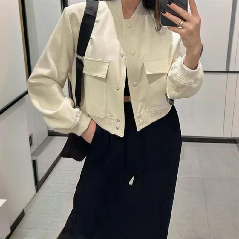 Women's Solid Color Long Sleeve Baseball Jacket With Button Front & Pockets - Casual Short Jacket For Spring&Fall - Sureru