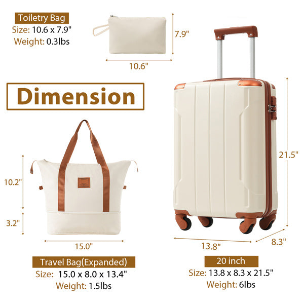 Hardshell Luggage Sets 3 Piece Carry-on Suitcases With Wheels, TSA Lock For Men Women-White - Sureru