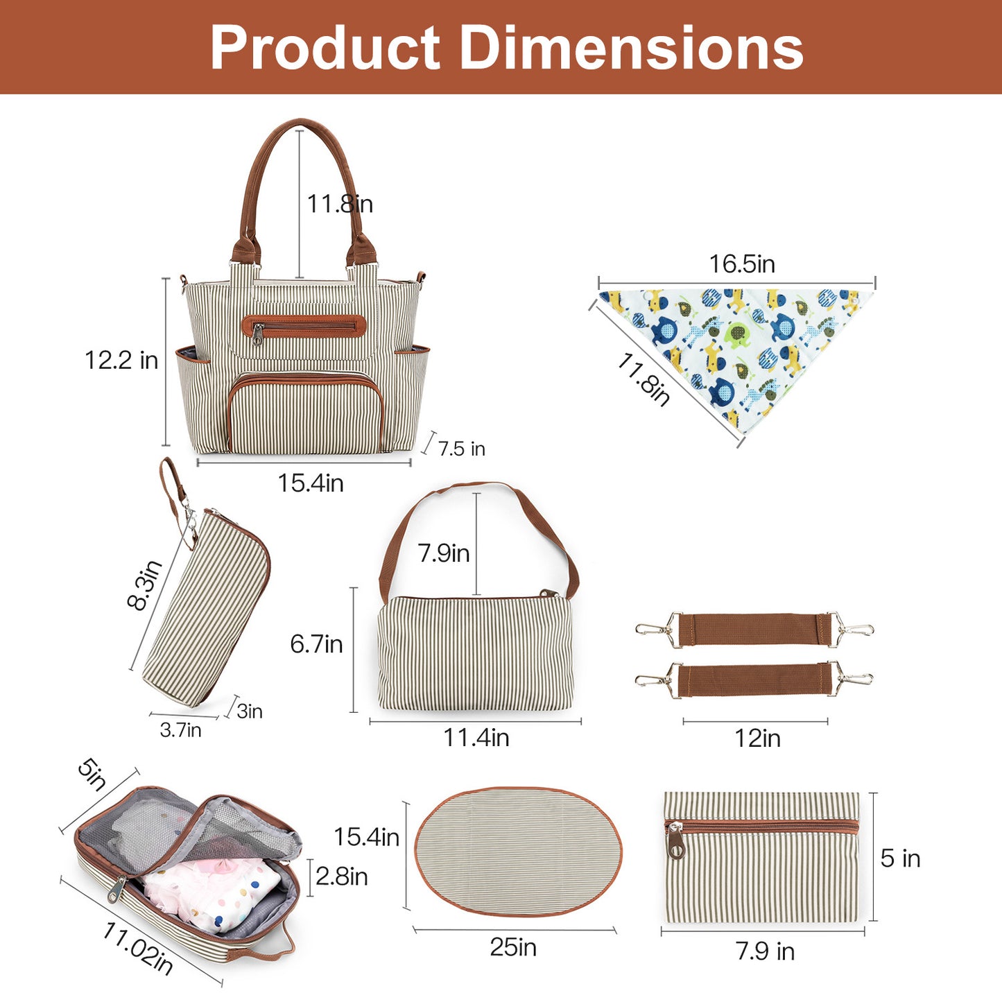 8Pcs Baby Nappy Diaper Bag Set with Accessories - Sureru