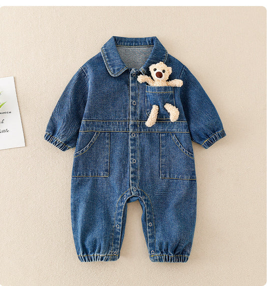 Unisex Denim Baby Romper with Teddy Bear – Long Sleeve Jumpsuit (0–2 Years) - Sureru
