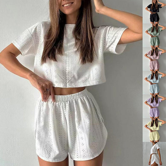 ☀️ 2-Piece Casual Hollow Summer Set – Crop Top & Slit Shorts - Sureru