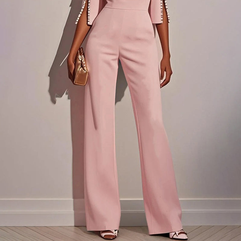 Women's Elegant Round Neck Jumpsuit - Mid-Sleeve With Side Slit Cuffs & Pearl Accents, Back Zipper Design For Casual To Formal Events - Sureru