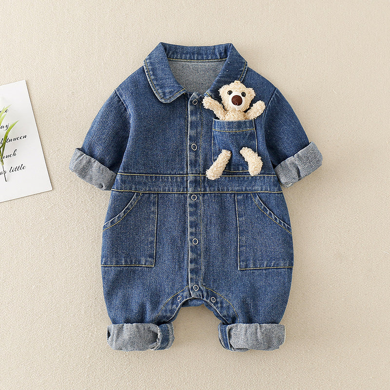 Unisex Denim Baby Romper with Teddy Bear – Long Sleeve Jumpsuit (0–2 Years) - Sureru