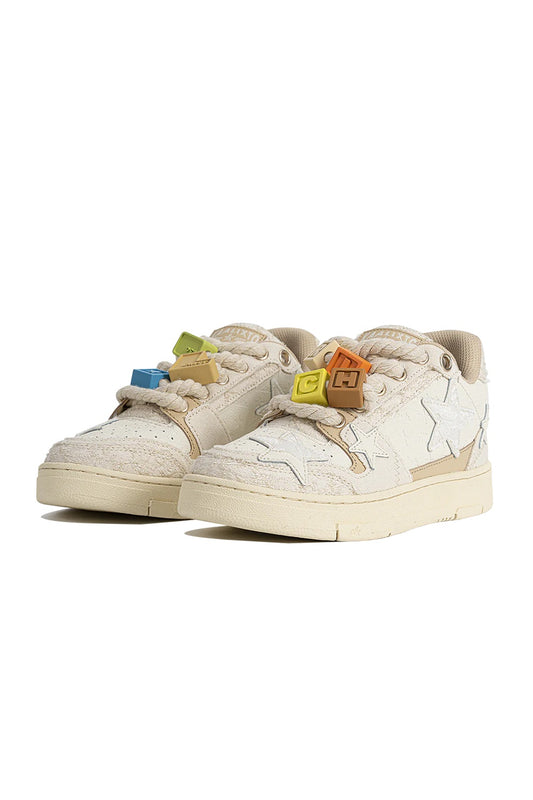 Vintage Beige Lace Jacquard Sneakers with 3D Floral Embroidery & Hemp Rope Laces - Sureru