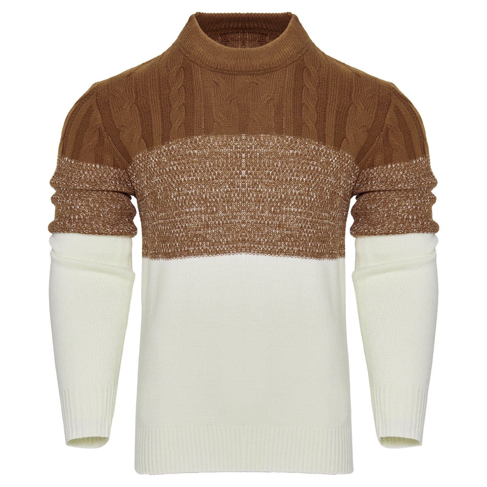 Men’s Colorblock Cable-Knit Pullover Sweater – Crew Neck Long Sleeve - Sureru