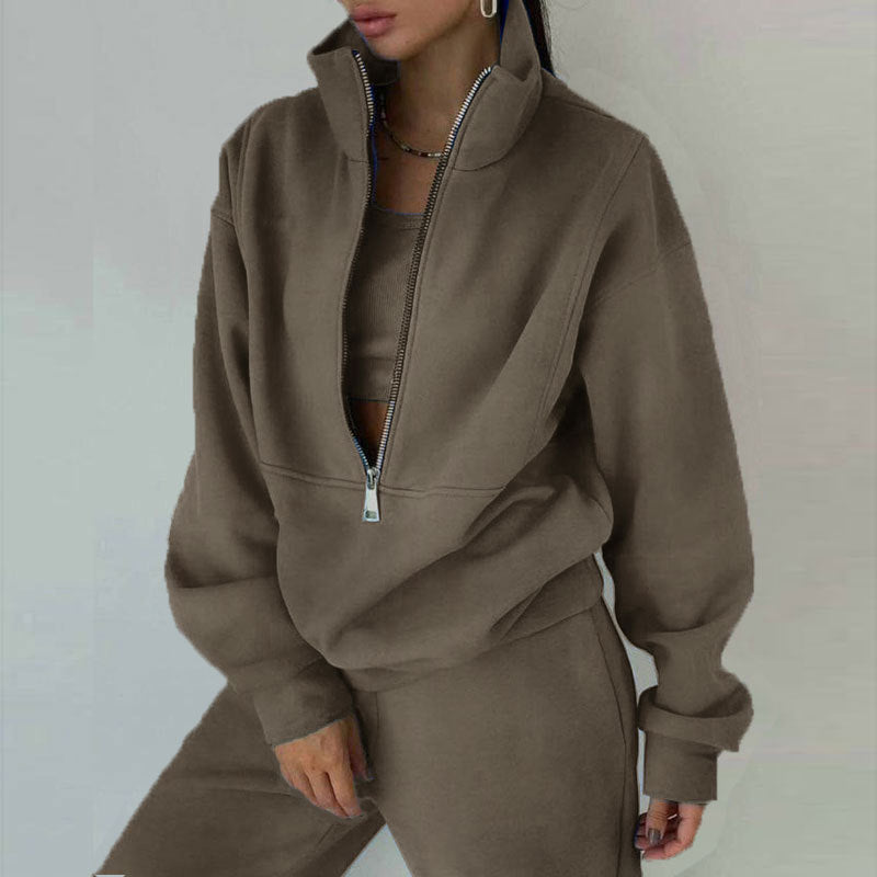 Zip Neck Sweatshirt & Slim Fit Pants Set - Sureru