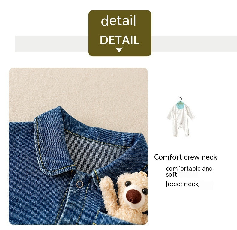 Unisex Denim Baby Romper with Teddy Bear – Long Sleeve Jumpsuit (0–2 Years) - Sureru