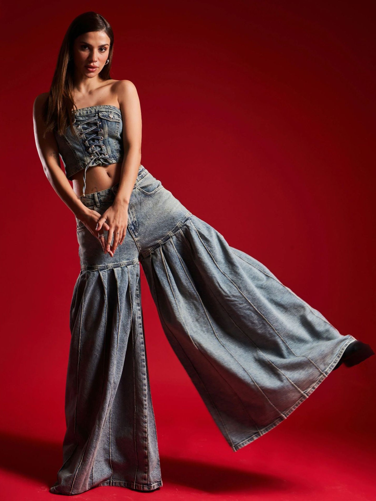 Sexy Pleated Denim 2-Piece Set (Top + Jeans) - Sureru