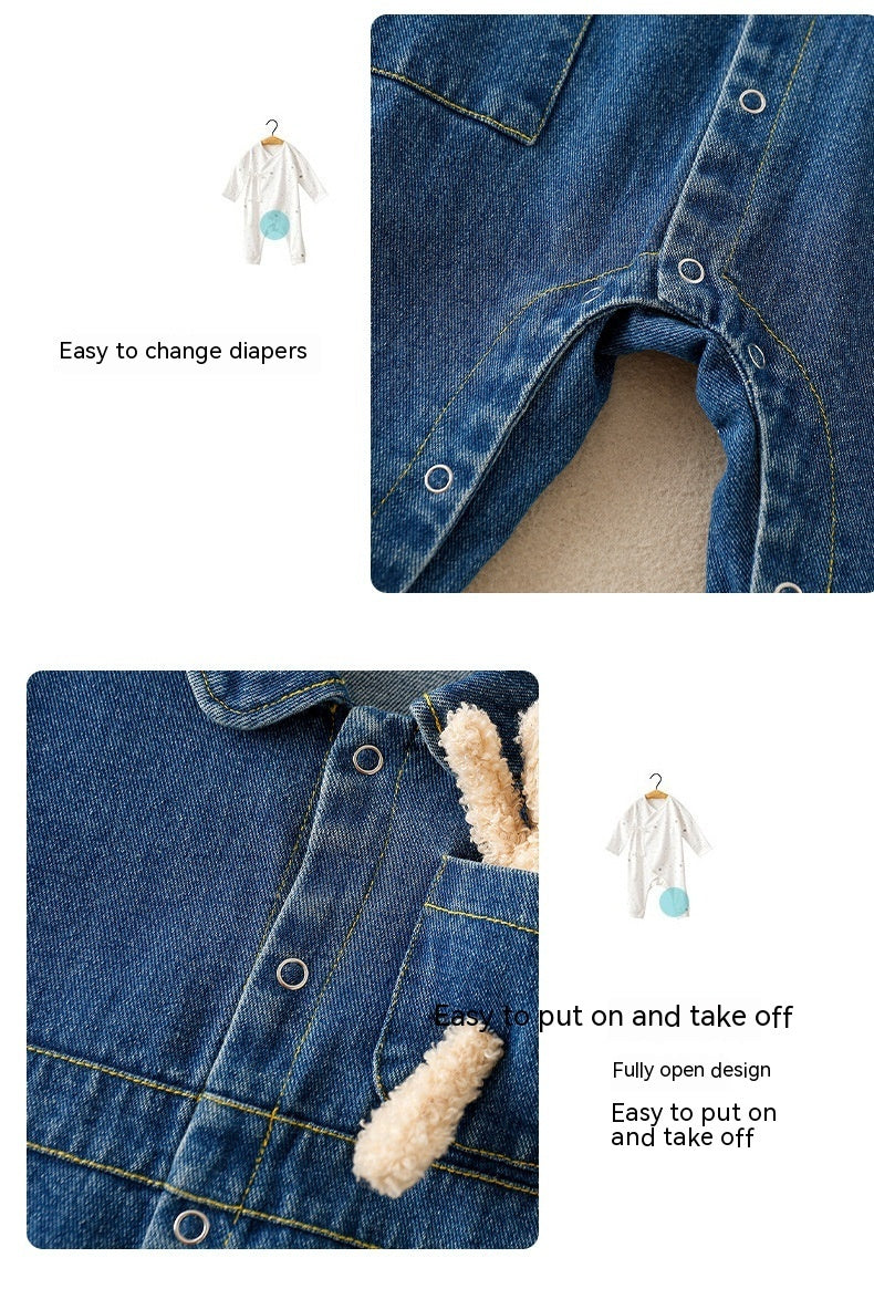 Unisex Denim Baby Romper with Teddy Bear – Long Sleeve Jumpsuit (0–2 Years) - Sureru