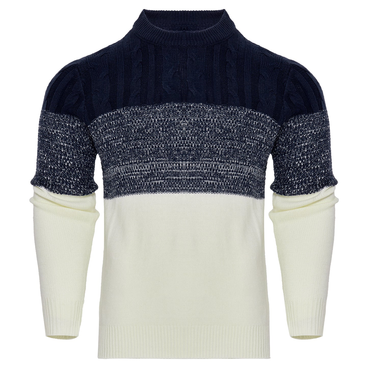 Men’s Colorblock Cable-Knit Pullover Sweater – Crew Neck Long Sleeve - Sureru