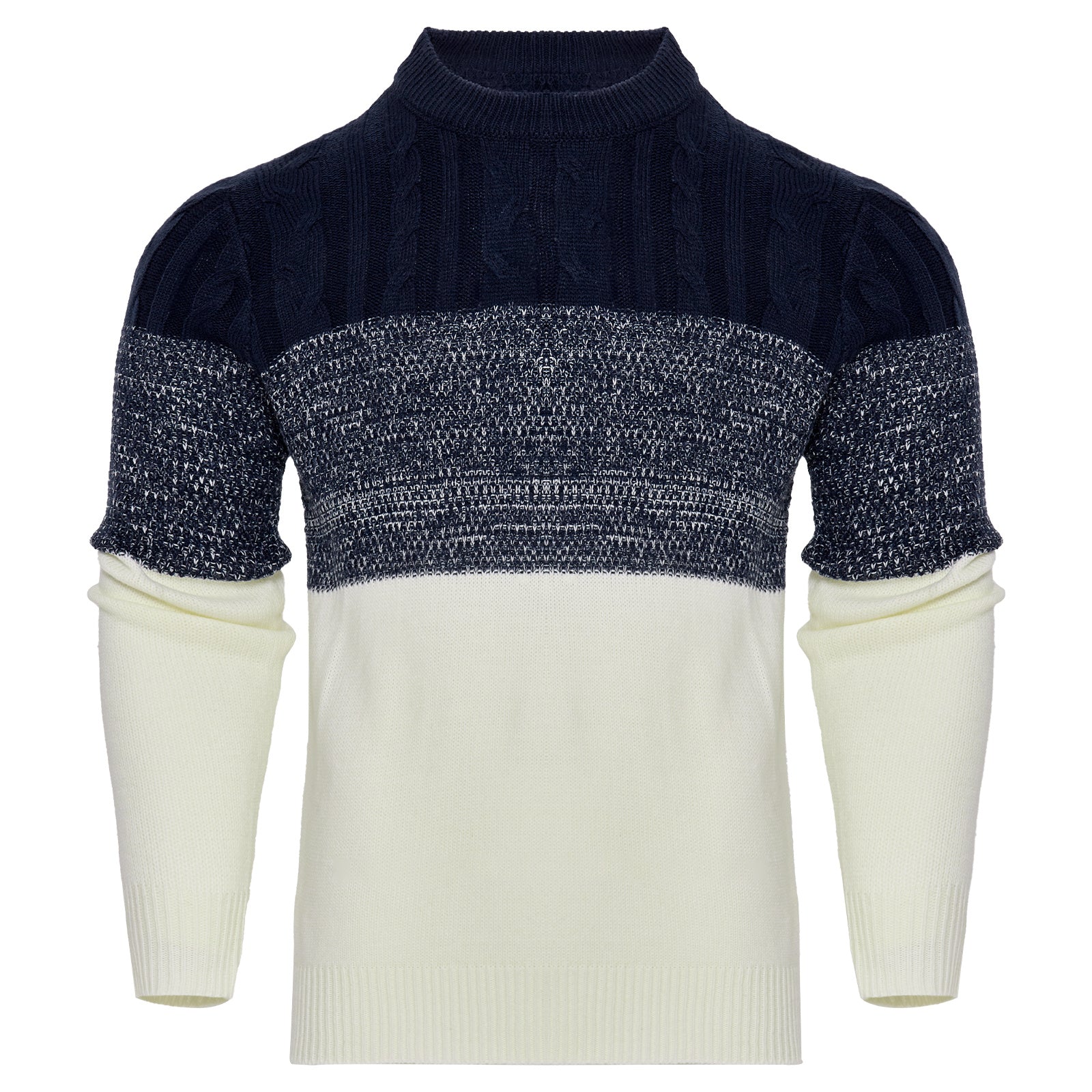 Men’s Colorblock Cable-Knit Pullover Sweater – Crew Neck Long Sleeve - Sureru