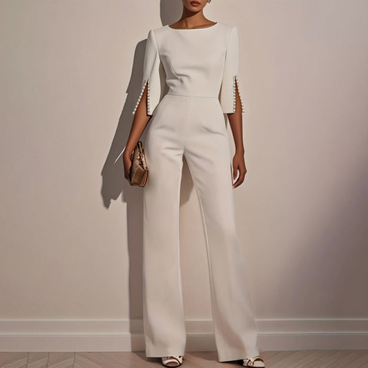 Women's Elegant Round Neck Jumpsuit - Mid-Sleeve With Side Slit Cuffs & Pearl Accents, Back Zipper Design For Casual To Formal Events - Sureru