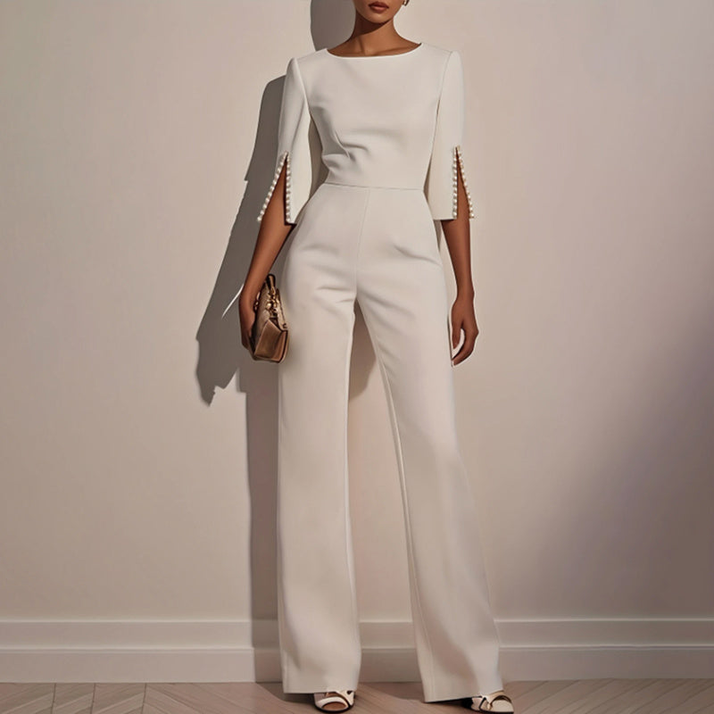 Women's Elegant Round Neck Jumpsuit - Mid-Sleeve With Side Slit Cuffs & Pearl Accents, Back Zipper Design For Casual To Formal Events - Sureru