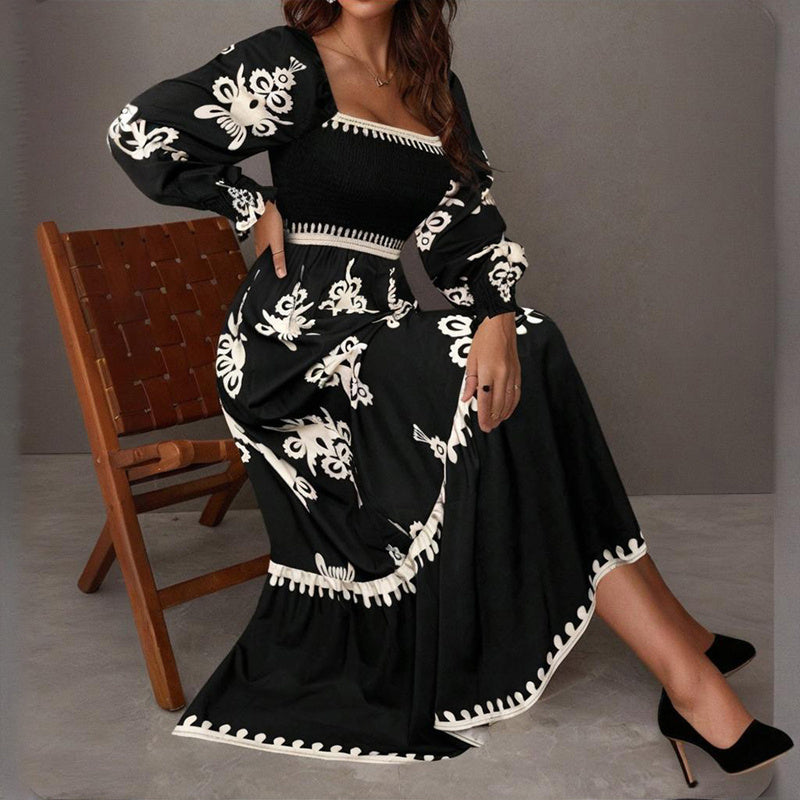 Elegant Women's Retro Geometric Print Lantern Sleeve Dress - Square Neck A-Line With Elastic Cuffs, Casual & Formal Dress - Sureru