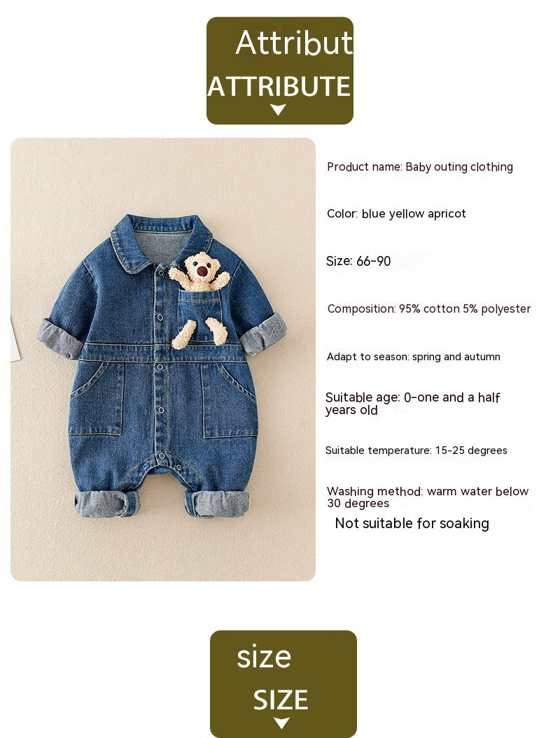Unisex Denim Baby Romper with Teddy Bear – Long Sleeve Jumpsuit (0–2 Years) - Sureru