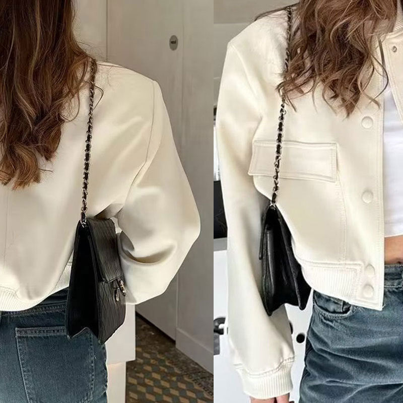 Women's Solid Color Long Sleeve Baseball Jacket With Button Front & Pockets - Casual Short Jacket For Spring&Fall - Sureru