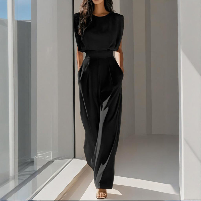 Women's Solid Color Round Neck Short Sleeve Wide-Leg Jumpsuit With Waist Design & Pockets Casual Romper For Spring&Summer - Sureru