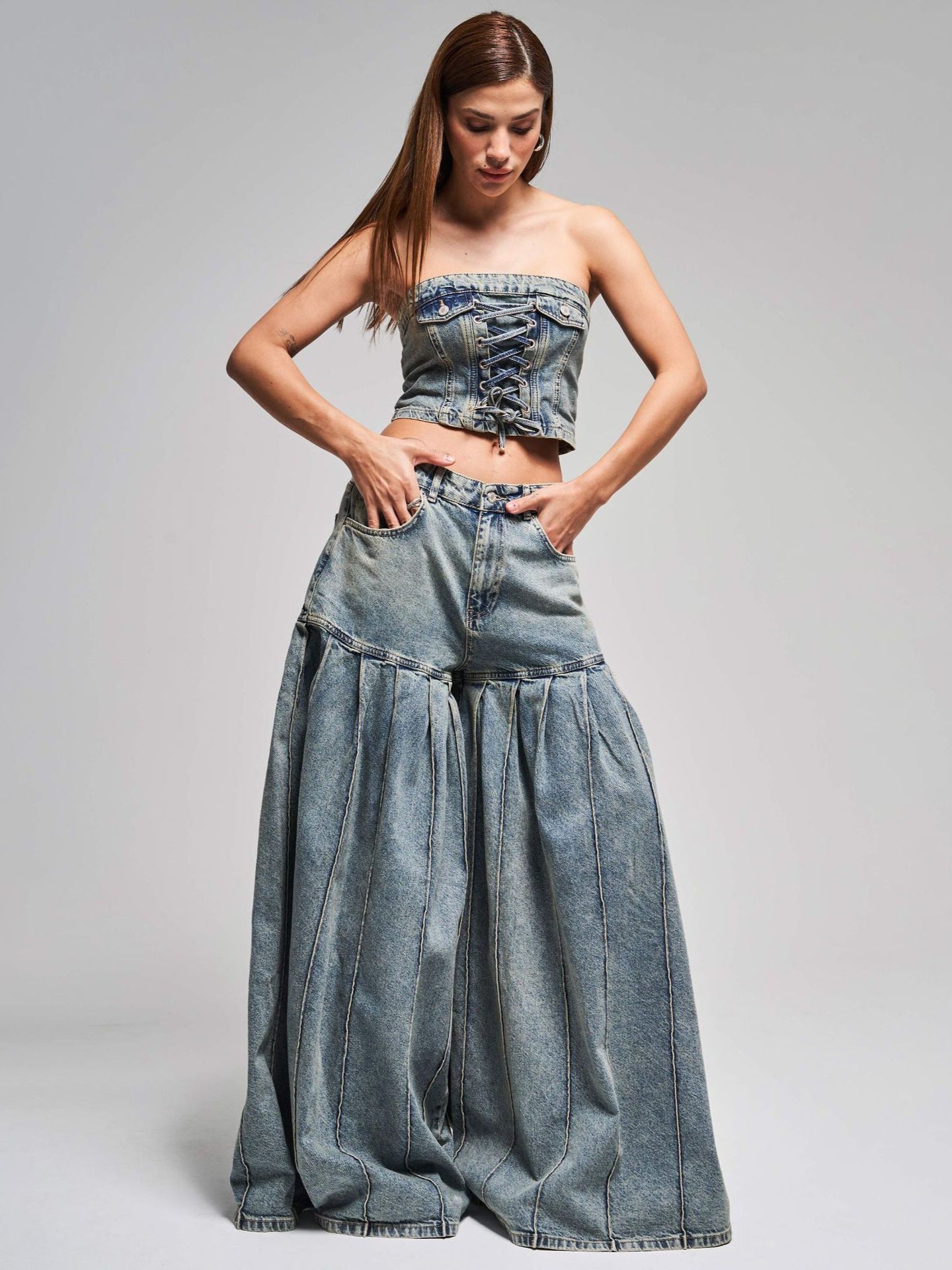 Sexy Pleated Denim 2-Piece Set (Top + Jeans) - Sureru