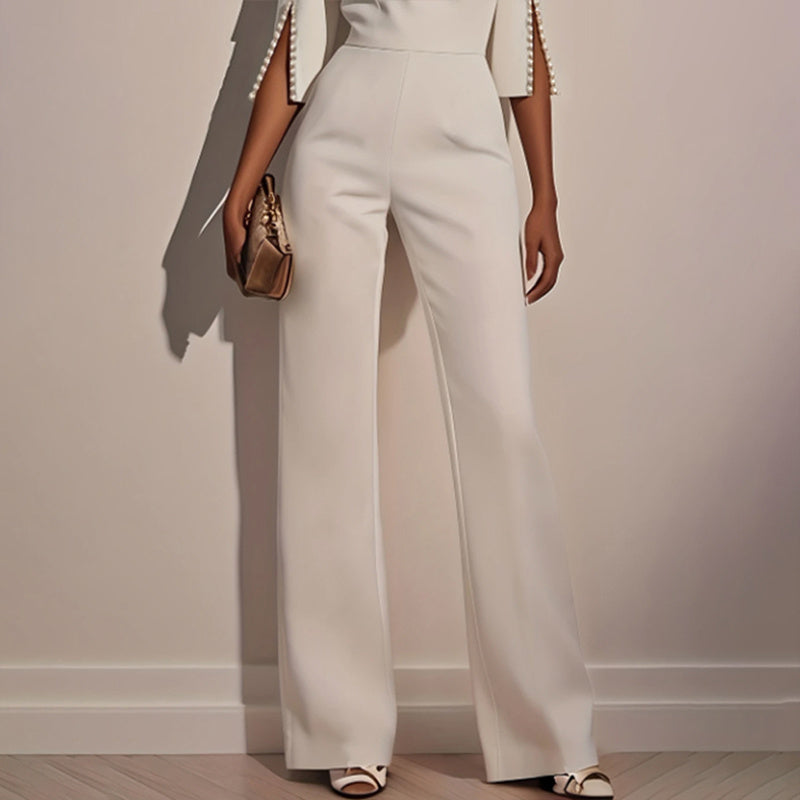 Women's Elegant Round Neck Jumpsuit - Mid-Sleeve With Side Slit Cuffs & Pearl Accents, Back Zipper Design For Casual To Formal Events - Sureru