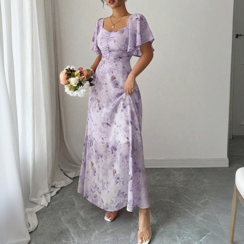Women's Solid Color Square Neck Short Sleeve Butterfly Print Flowy Dress A-Line Summer Vacation Maxi Dress - Sureru