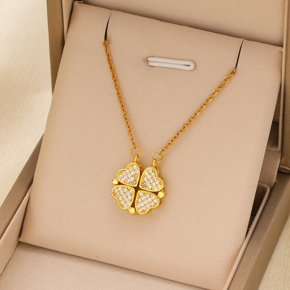 Zircon Heart-Shaped Magnetic Four-Leaf Necklace – Elegant & Unique - Sureru