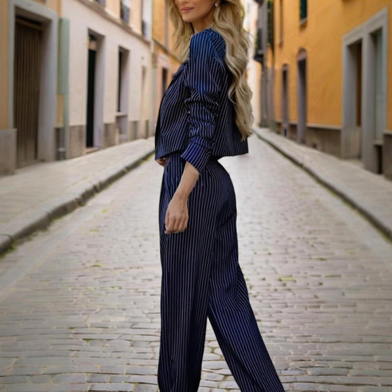 Women's Solid & Striped Long Sleeve Blazer Suit Set - Button-Up Cropped Top With Pleated Pants, Office Work Wear - Sureru