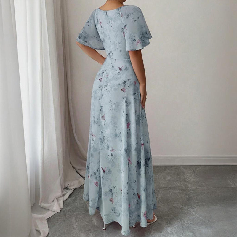 Women's Solid Color Square Neck Short Sleeve Butterfly Print Flowy Dress A-Line Summer Vacation Maxi Dress - Sureru