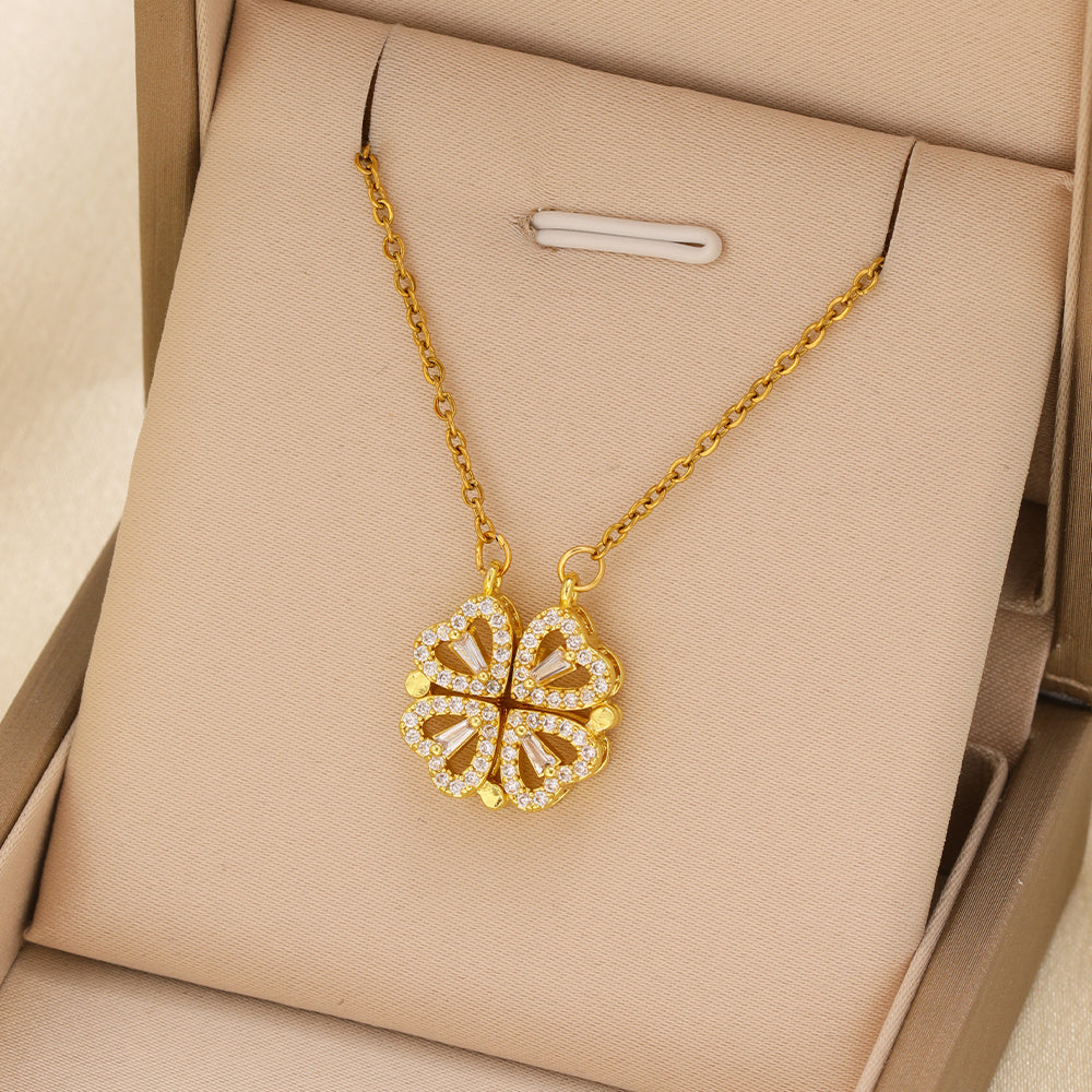 Zircon Heart-Shaped Magnetic Four-Leaf Necklace – Elegant & Unique - Sureru