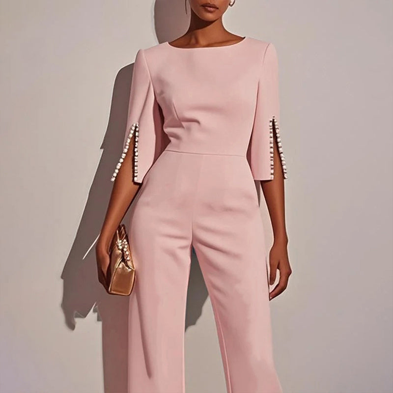 Women's Elegant Round Neck Jumpsuit - Mid-Sleeve With Side Slit Cuffs & Pearl Accents, Back Zipper Design For Casual To Formal Events - Sureru