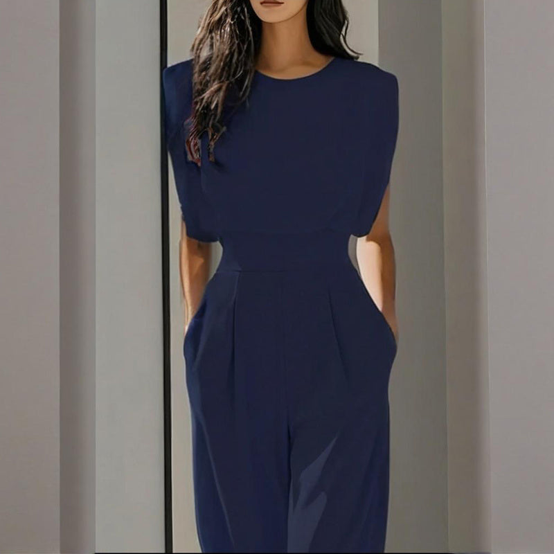 Women's Solid Color Round Neck Short Sleeve Wide-Leg Jumpsuit With Waist Design & Pockets Casual Romper For Spring&Summer - Sureru
