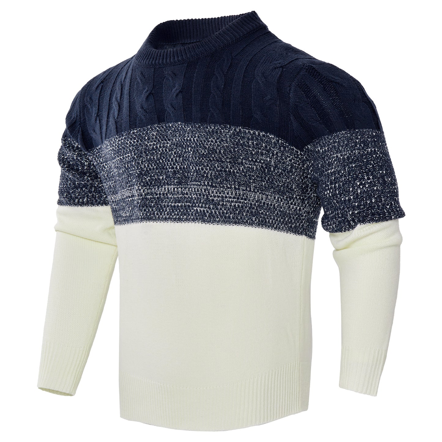 Men’s Colorblock Cable-Knit Pullover Sweater – Crew Neck Long Sleeve - Sureru