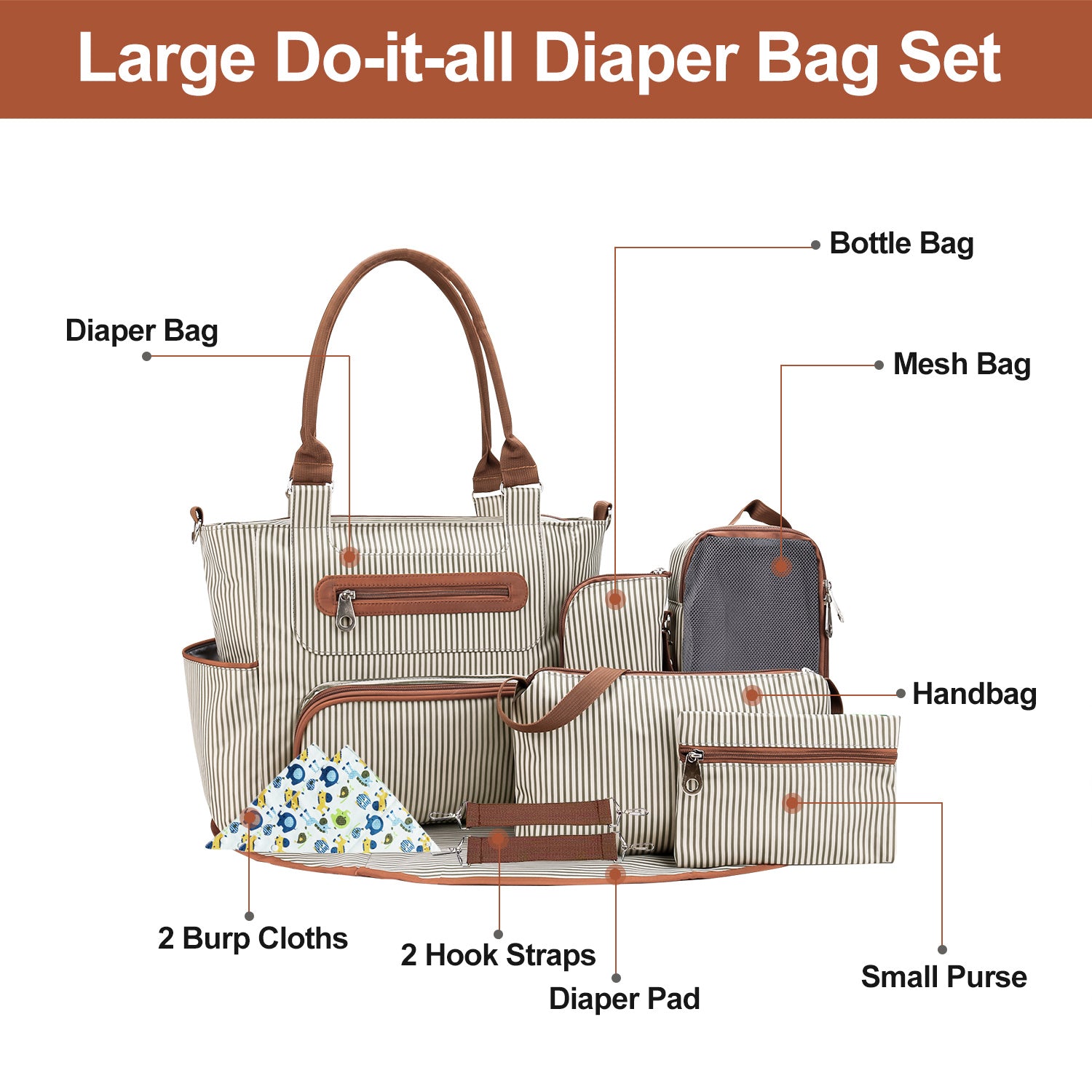 8Pcs Baby Nappy Diaper Bag Set with Accessories - Sureru