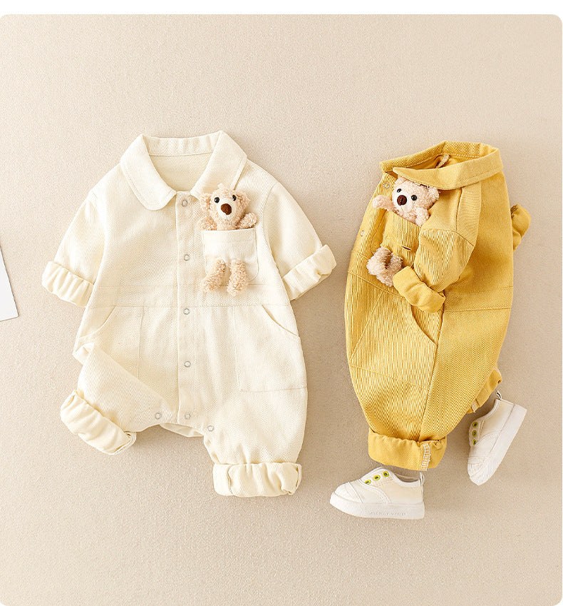 Unisex Denim Baby Romper with Teddy Bear – Long Sleeve Jumpsuit (0–2 Years) - Sureru