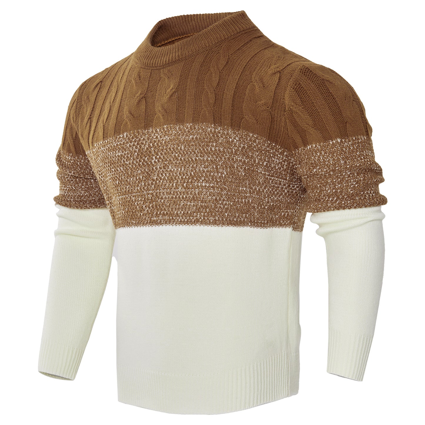 Men’s Colorblock Cable-Knit Pullover Sweater – Crew Neck Long Sleeve - Sureru