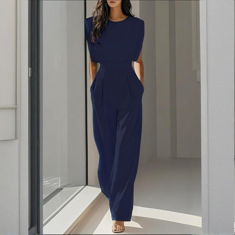 Women's Solid Color Round Neck Short Sleeve Wide-Leg Jumpsuit With Waist Design & Pockets Casual Romper For Spring&Summer - Sureru
