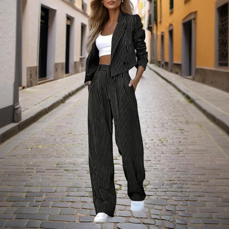 Women's Solid & Striped Long Sleeve Blazer Suit Set - Button-Up Cropped Top With Pleated Pants, Office Work Wear - Sureru