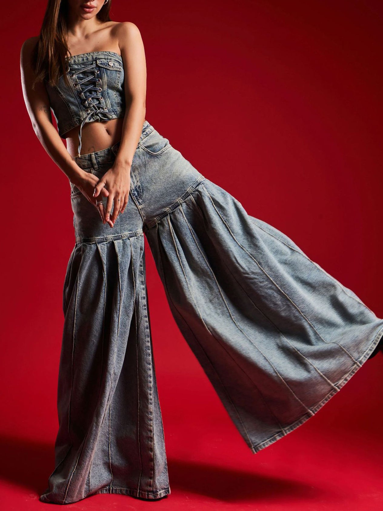 Sexy Pleated Denim 2-Piece Set (Top + Jeans) - Sureru