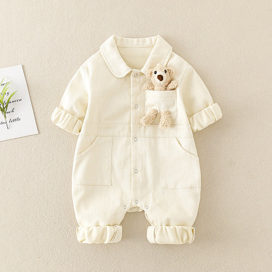 Unisex Denim Baby Romper with Teddy Bear – Long Sleeve Jumpsuit (0–2 Years) - Sureru