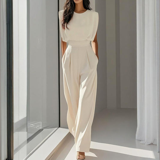Women's Solid Color Round Neck Short Sleeve Wide-Leg Jumpsuit With Waist Design & Pockets Casual Romper For Spring&Summer - Sureru