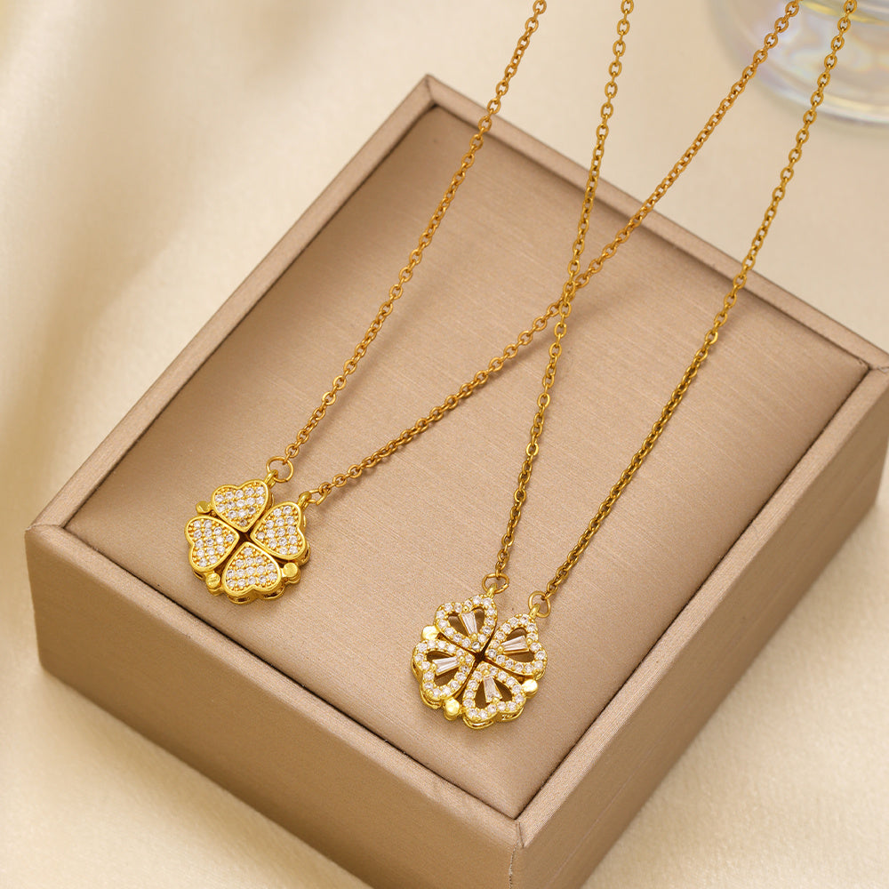 Zircon Heart-Shaped Magnetic Four-Leaf Necklace – Elegant & Unique - Sureru