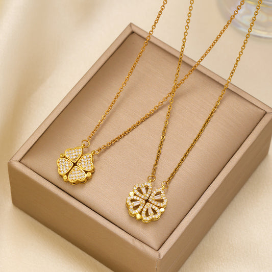 Zircon Heart-Shaped Magnetic Four-Leaf Necklace – Elegant & Unique - Sureru