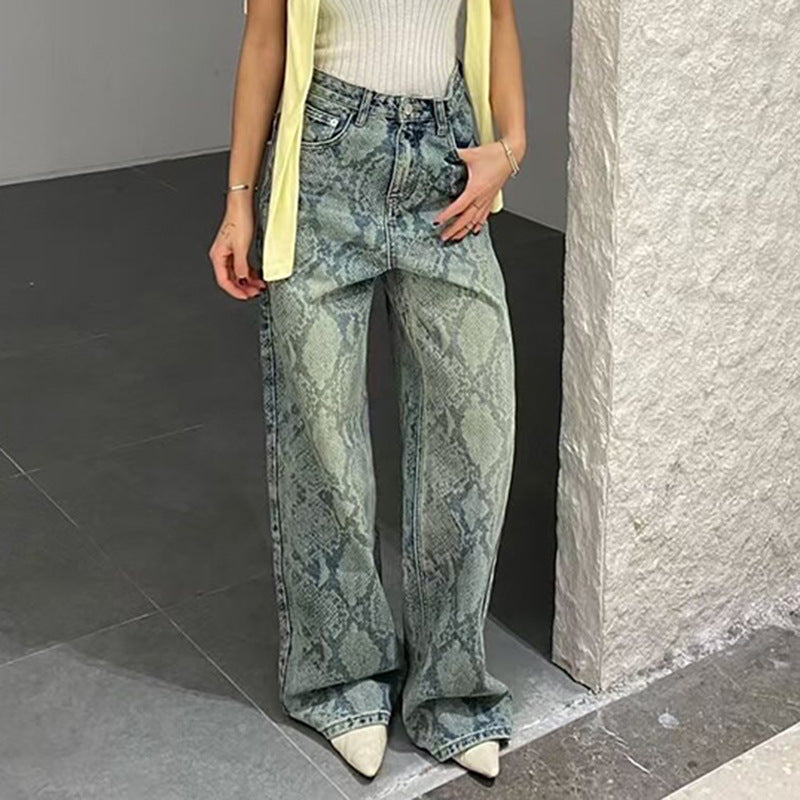 Snake Pattern Low-Waist Straight Denim Pants - Sureru
