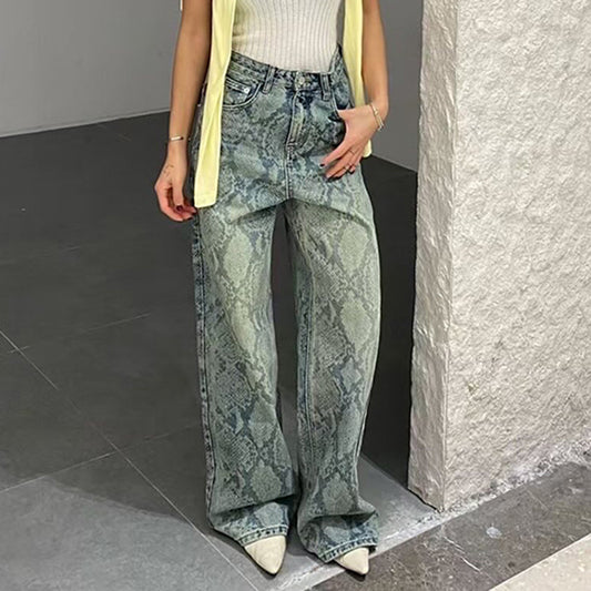 Snake Pattern Low-Waist Straight Denim Pants - Sureru