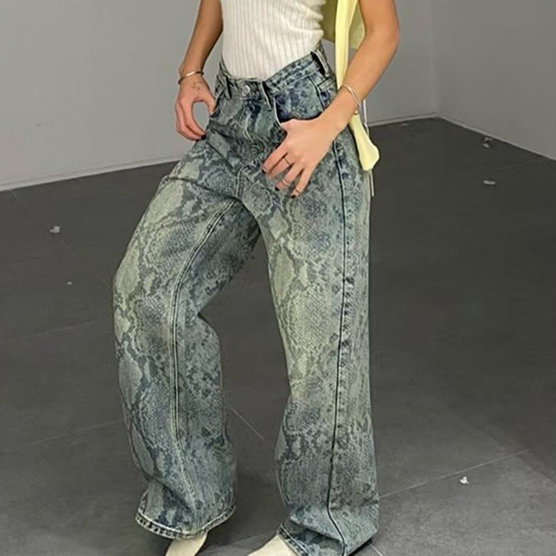 Snake Pattern Low-Waist Straight Denim Pants - Sureru