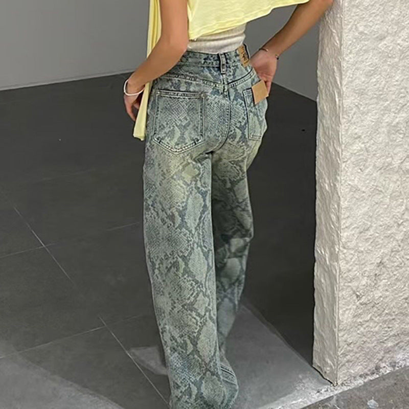 Snake Pattern Low-Waist Straight Denim Pants - Sureru
